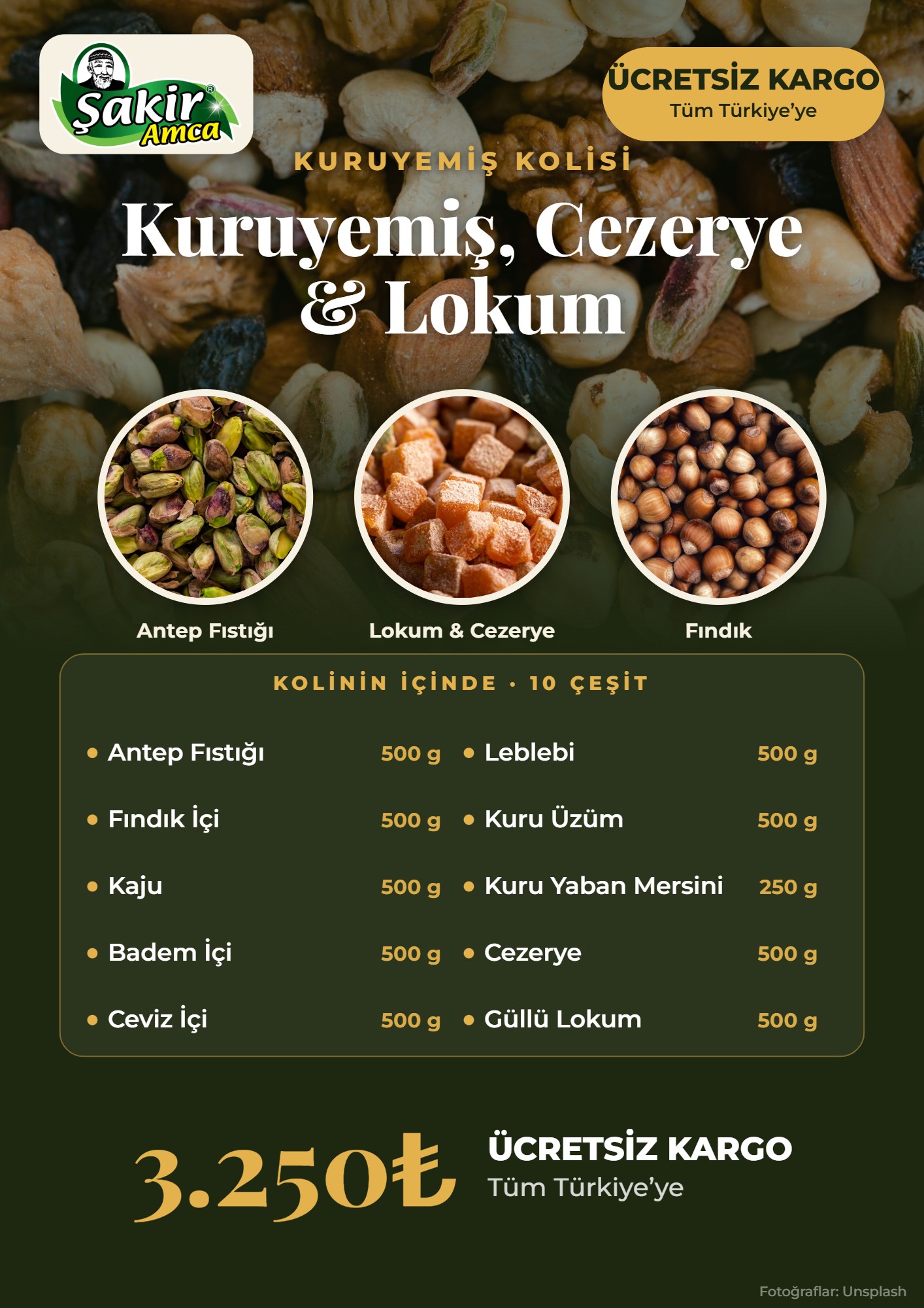 KURUYEMİŞ, CEZERYE & LOKUM KOLİSİ (ÜCRETSİZ KARGO)